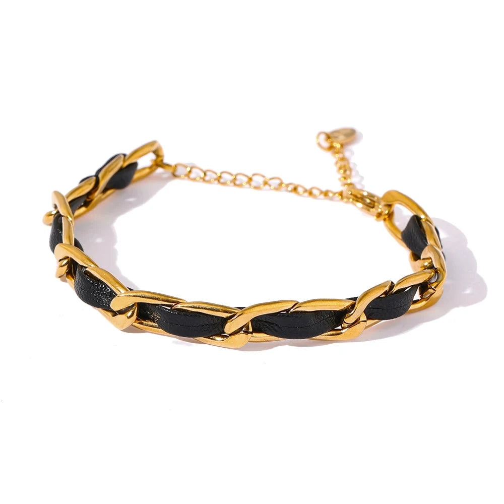 18K Leather & Stainless Steel Chain Bracelet – UnisexYH1261A Gold