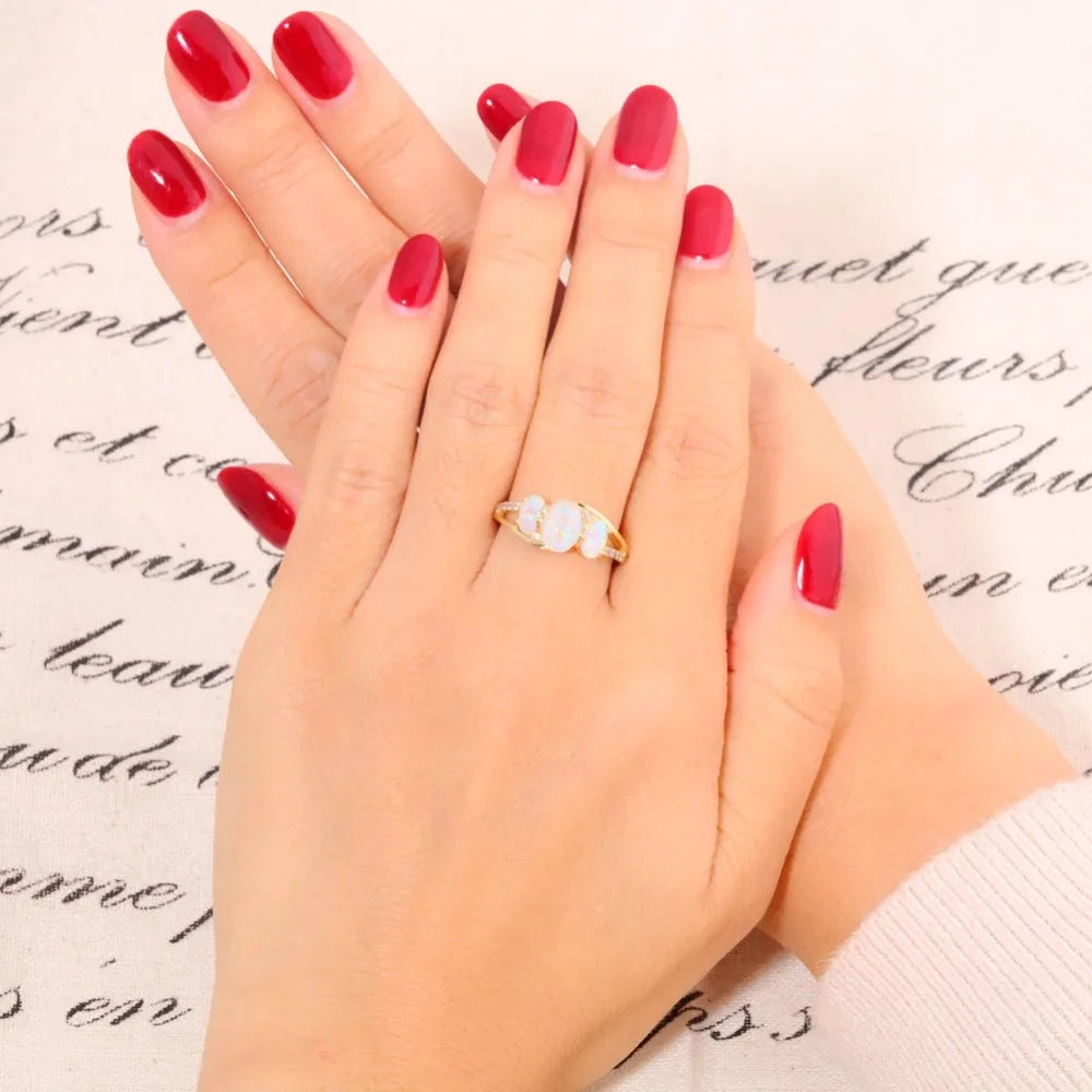 White Fire Opal Filled Finger Rings Yellow Gold Ring with Oval Stone