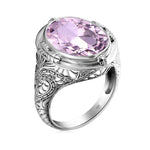Aquamarine Ring Handmade Vintage Engraving Pattern Men's RingPink crystal F6
