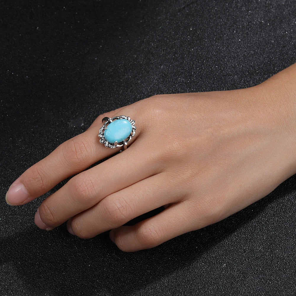 New Style 925 Sterling Silver Rings Natural Turquoise Lapis Lazuli Ring Luxury Fine 10*14MM Moonstone Labradorite Jewelry Gift