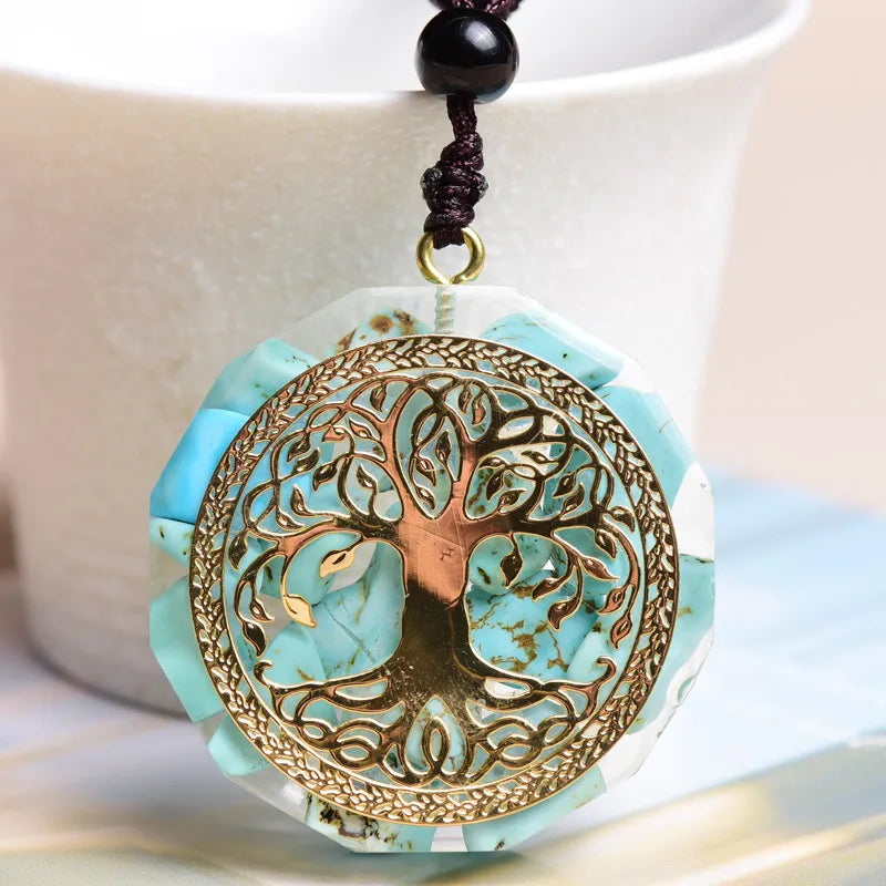 Turquoise Stones life Tree Resin Jewelry Healing Sacred Chakra Necklace MeditationGold-color