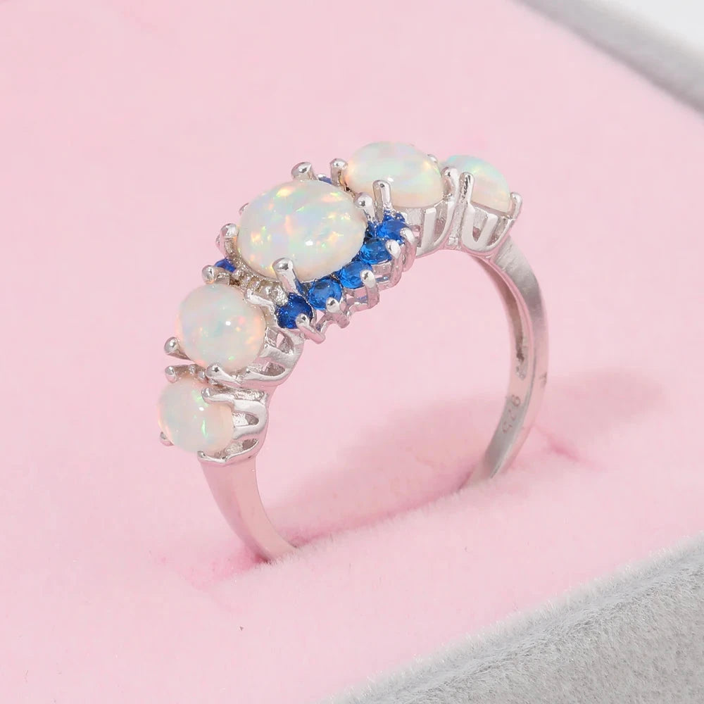 Fire Opal Ring Silver Plated Oval Round Stone Ring