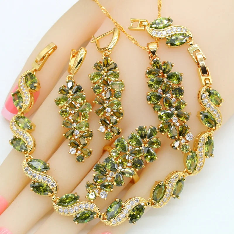 Luxury Green Peridot Gold Plated Jewelry Sets for Women Earrings Necklace Pendant Ring Bracelet4pcs10