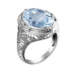 Aquamarine Ring Handmade Vintage Engraving Pattern Men's Ring