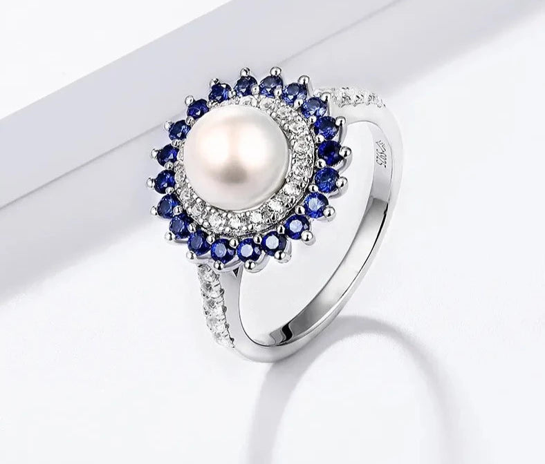 7mm Freshwater Pearl and Sapphire 925 Sterling Silver RingRing