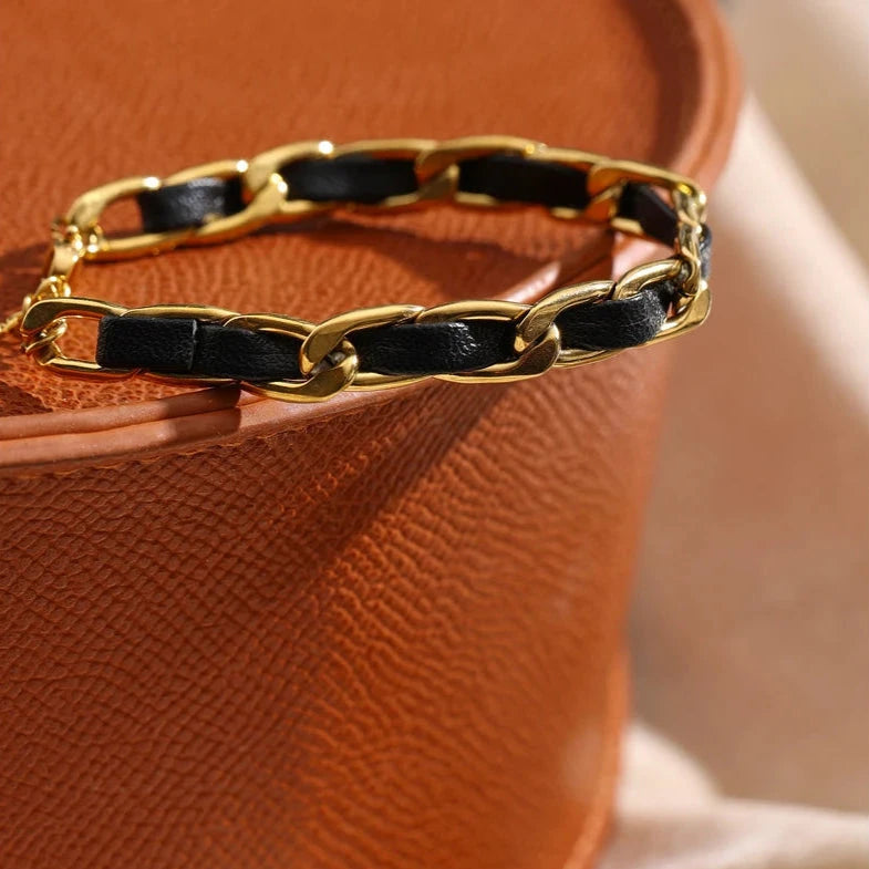 18K Leather & Stainless Steel Chain Bracelet – Unisex
