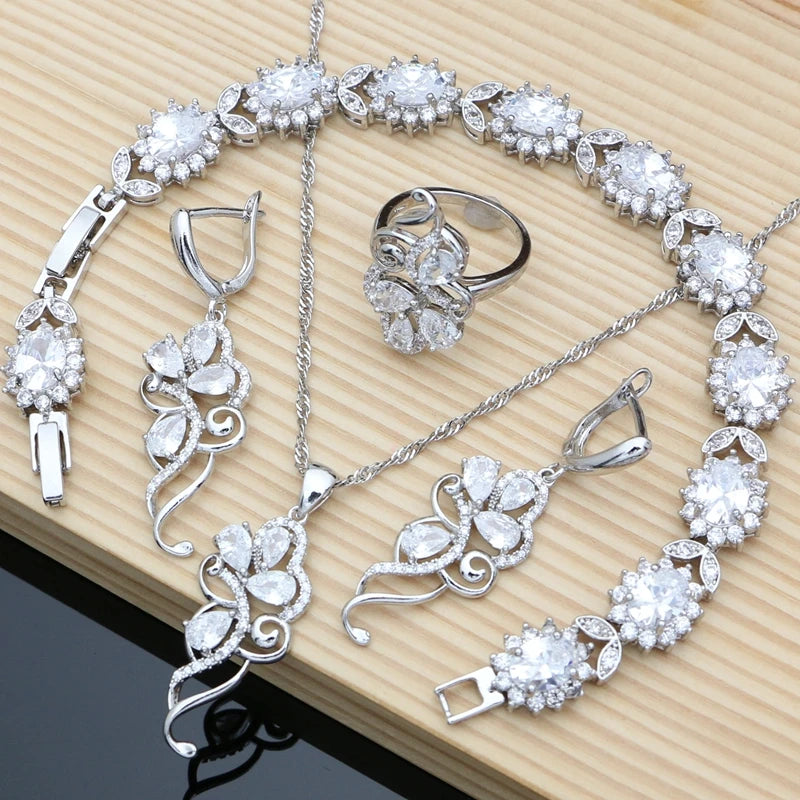 Elegant 925 Bridal Jewelry Set Blue Sapphire White Crystal Costume for WomenWhite10