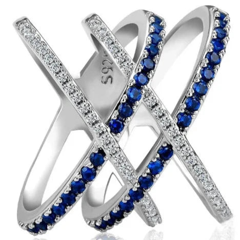 Fashion Ring 925 Silver Jewelry with Sapphire Gemstones Double Cross shaped Ring