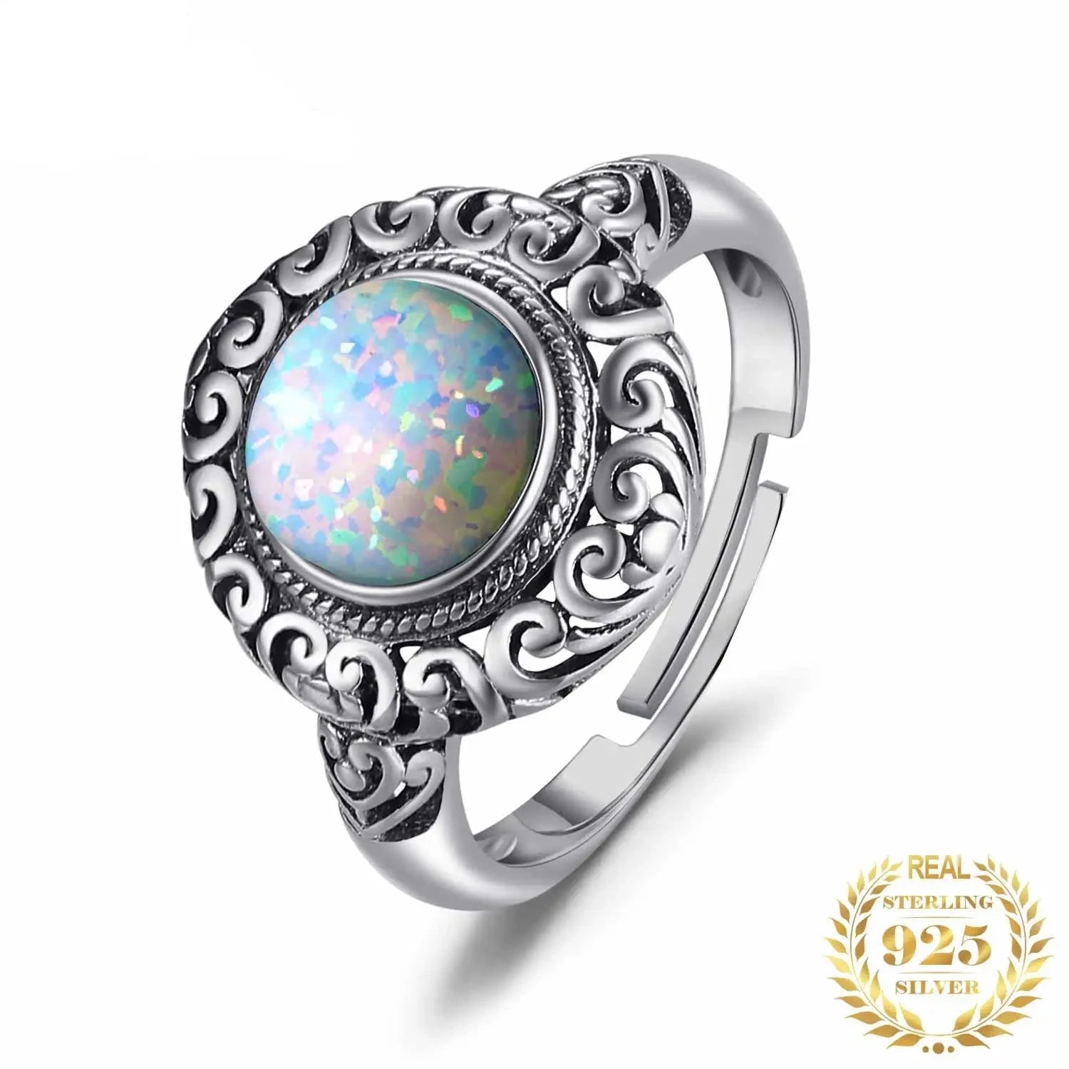 Vintage 1.5ct Huge Created Opal Ring Unique Open Adjustable Cocktail Ringresizable