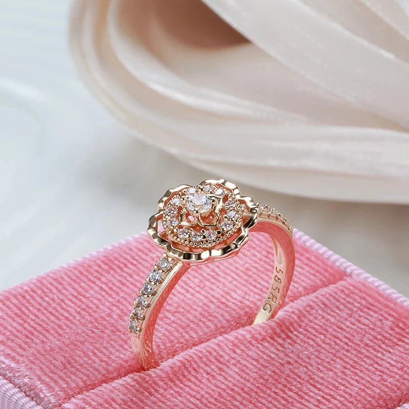 Crystal Rose Flower 585 Rose Gold Natural Zircon Ring for Women