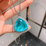 New Romantic Big Blue Stone Paraiba Aquamarine Diamond Pendant Necklace for Women Fine JewelryStyle 245cm