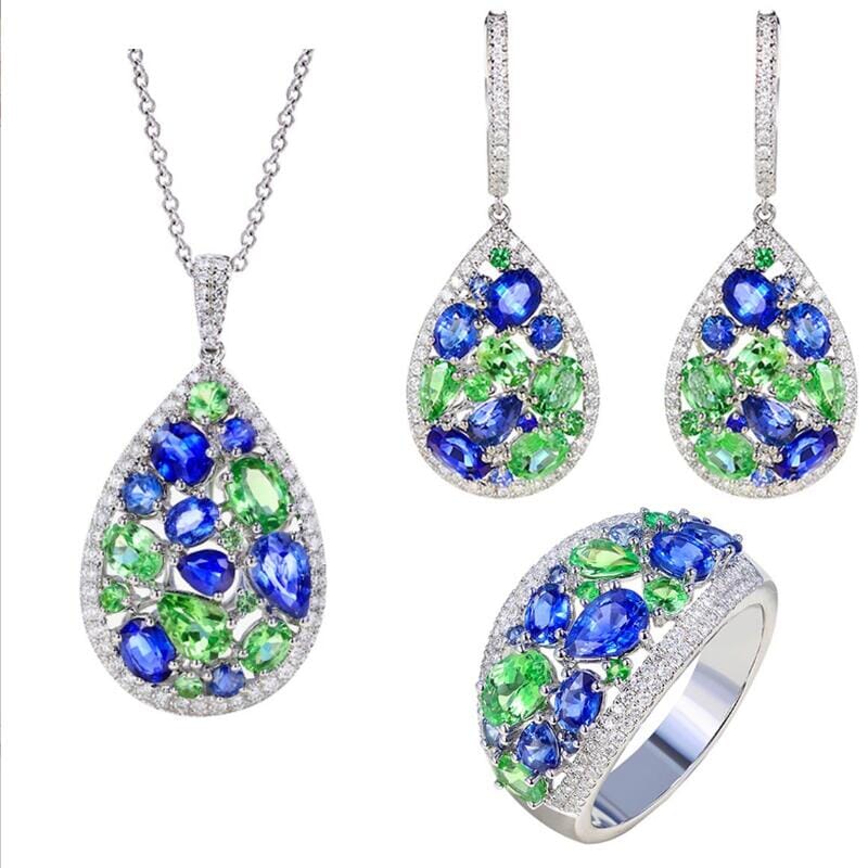 Peridot & Sapphire Gemstone Silver Jewelry SetJewelry Set1 Set