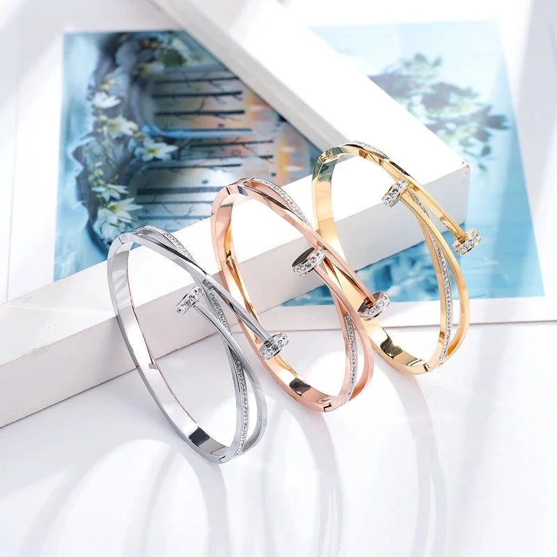 Unique Nail Head Cross Stainless Steel Bangle for Women
