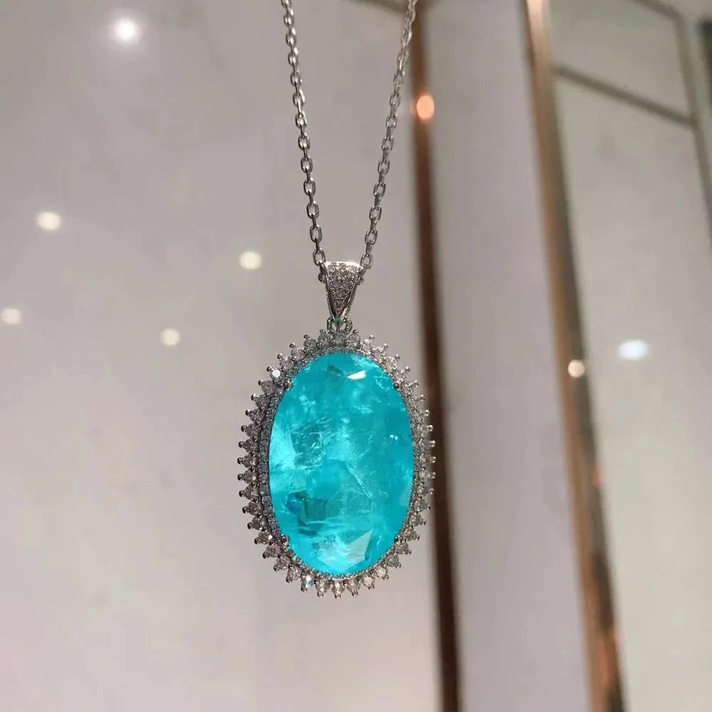 New Romantic Big Blue Stone Paraiba Aquamarine Diamond Pendant Necklace for Women Fine Jewelry