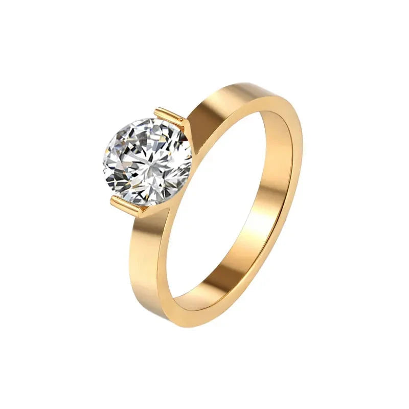 Gold Titanium Steel 1 Carat Crystal Wedding Ring for Women