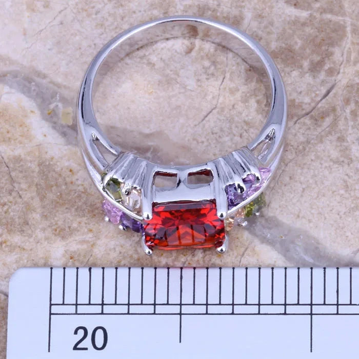 Multicolor Red Garnet Silver Plated Ring