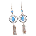 Vintage Blue Fire Opal Drop Dangle Earring with Stone Silver Plated Black Onyx Long Tassel Bohemia Boho Jewelry for WomenSilverBlue