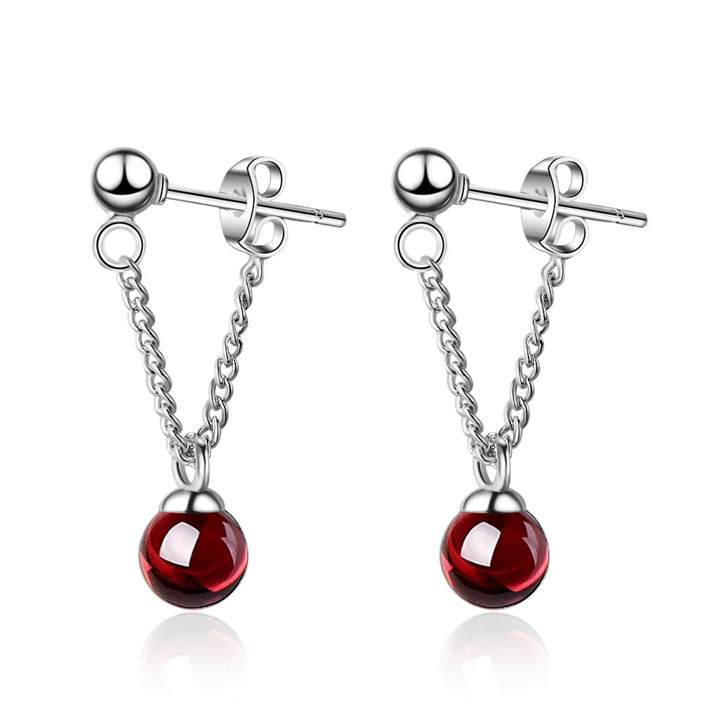 Elegant Round Natural Garnet Stone 925 Silver Needle Lady Tassel Stud Earring