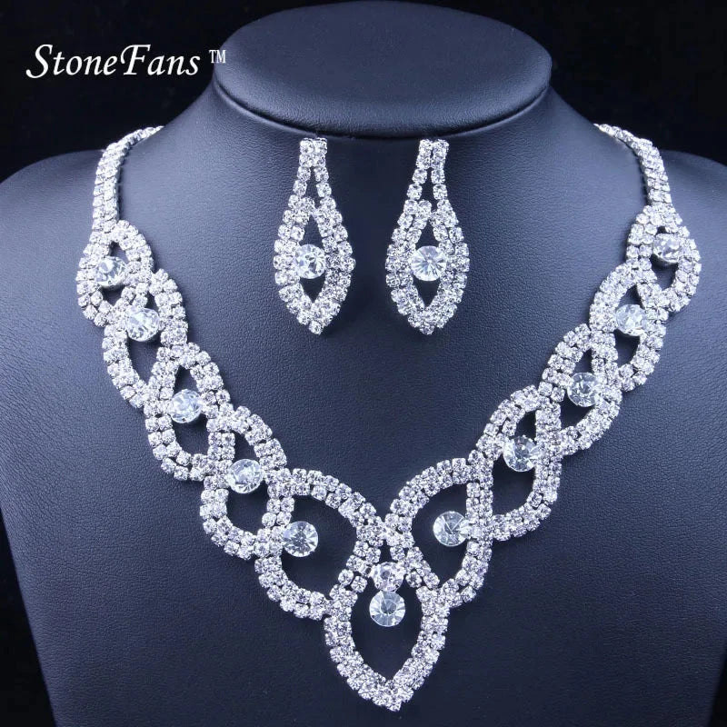 StoneFans Women Luxury Wedding Prom Bridal Crystal Rhinestone Necklace Earring Jewelry Set Hot New Trendy Rhinestone JewelleryTYPE 1