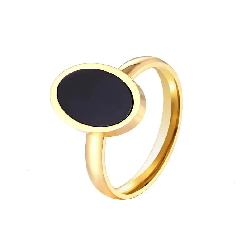 Black Oval Enamel Gold Stainless Steel Women’s Ring