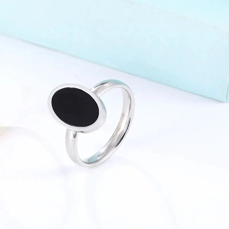Black Oval Enamel Gold Stainless Steel Women’s RingSilver8