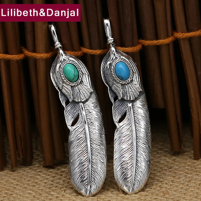 2019 Vintage Feather Eagle Inlaid turquoise Pendant 100% Real 925 Sterling Silver Men Women Necklace Pendant jewelery making P35