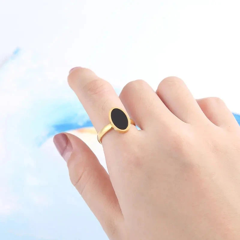 Black Oval Enamel Gold Stainless Steel Women’s Ring
