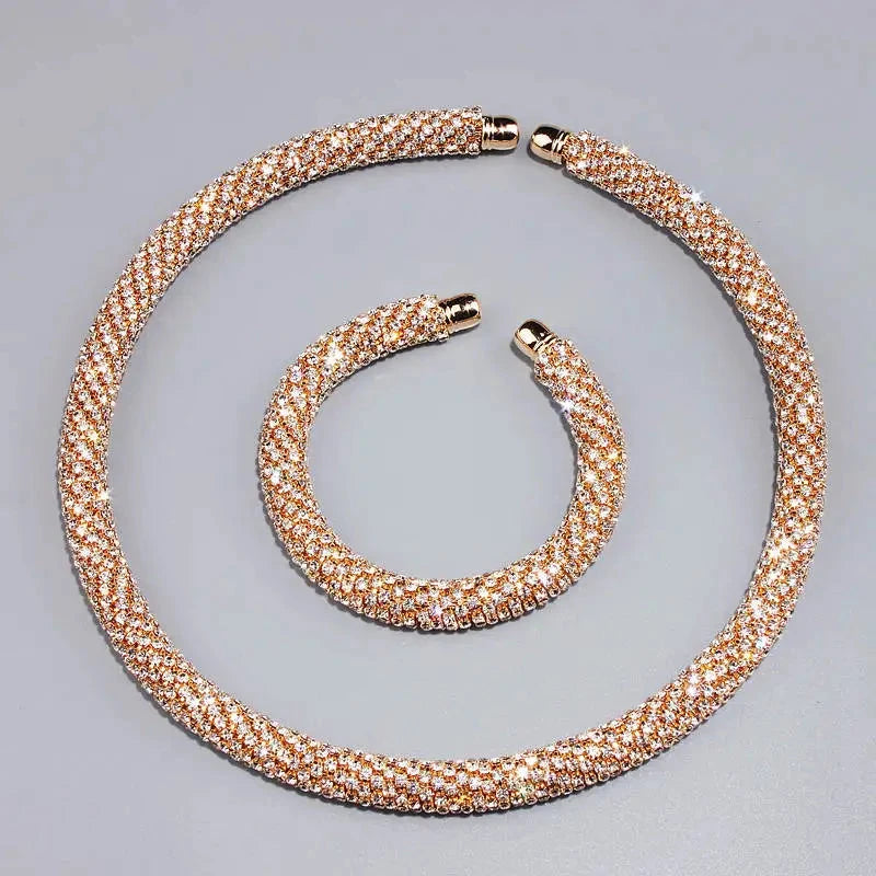 Luxury Crystal Collar Necklace Gold/Silver Plated Rhinestone Torques ChokerGold Set