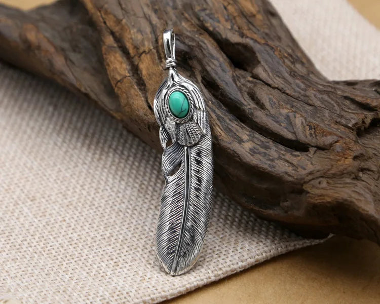 2019 Vintage Feather Eagle Inlaid turquoise Pendant 100% Real 925 Sterling Silver Men Women Necklace Pendant jewelery making P35Green Style