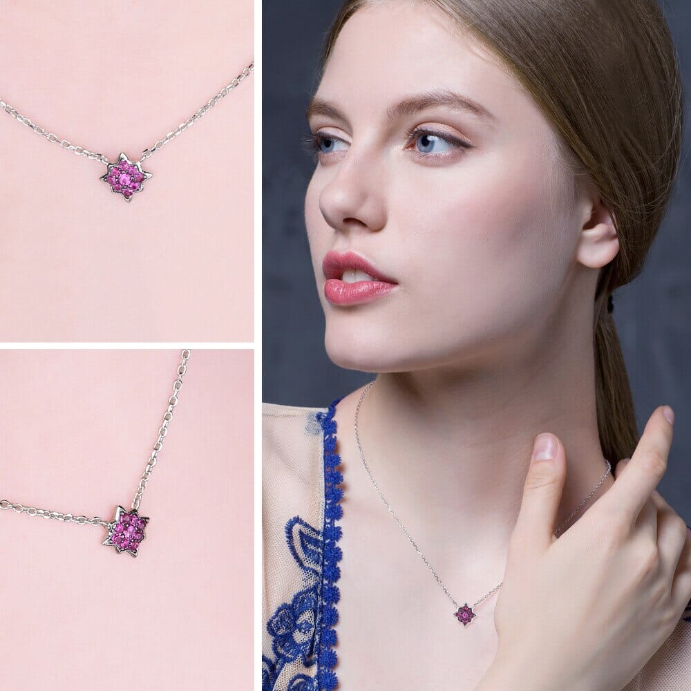 Flower Pink Ruby 925 Sterling Silver Pendant NecklaceNecklaces