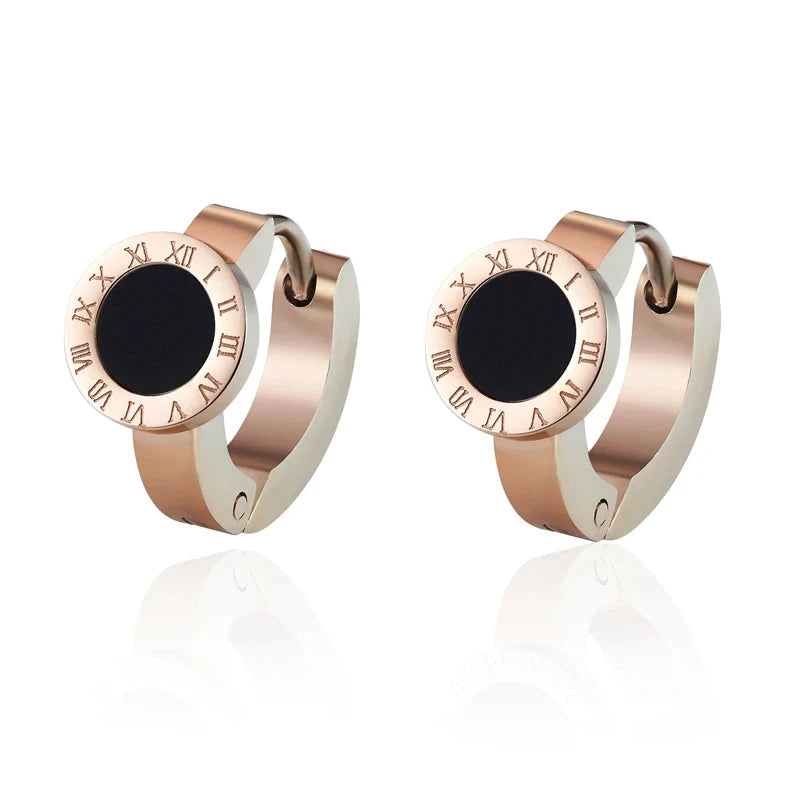 Elegant Roman Numeral Hoop Earrings – White Shell & Black Enamel