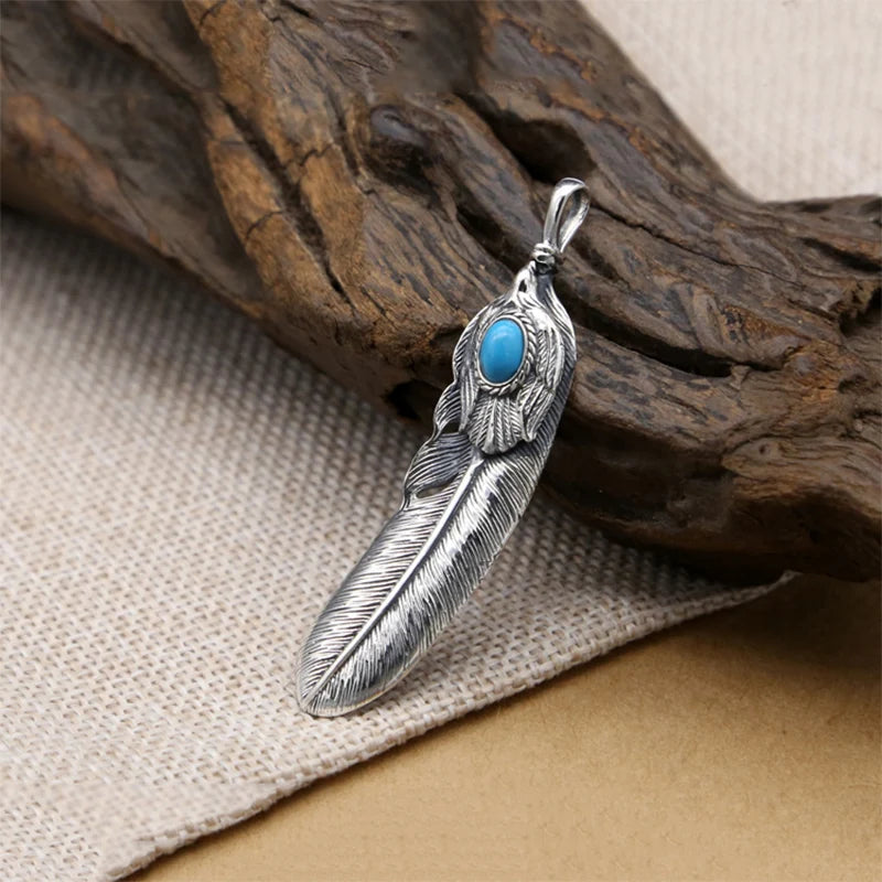 2019 Vintage Feather Eagle Inlaid turquoise Pendant 100% Real 925 Sterling Silver Men Women Necklace Pendant jewelery making P35