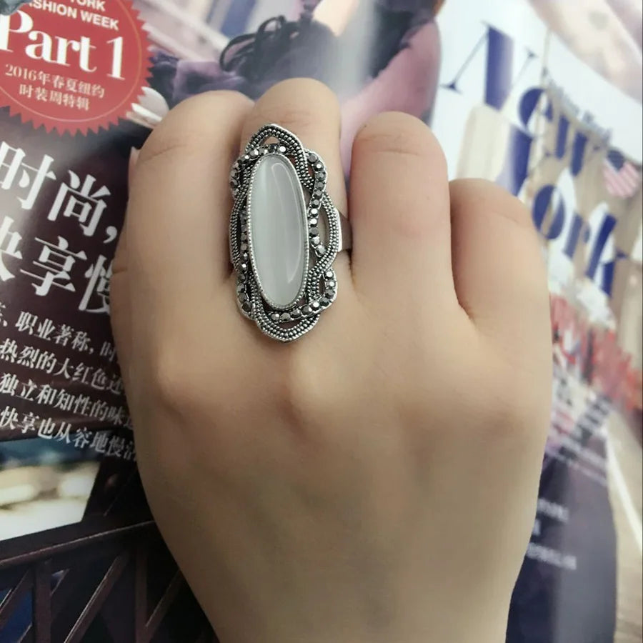 Bohemian Big Opal Stone Ring Black Crystal Rings For Women Vintage