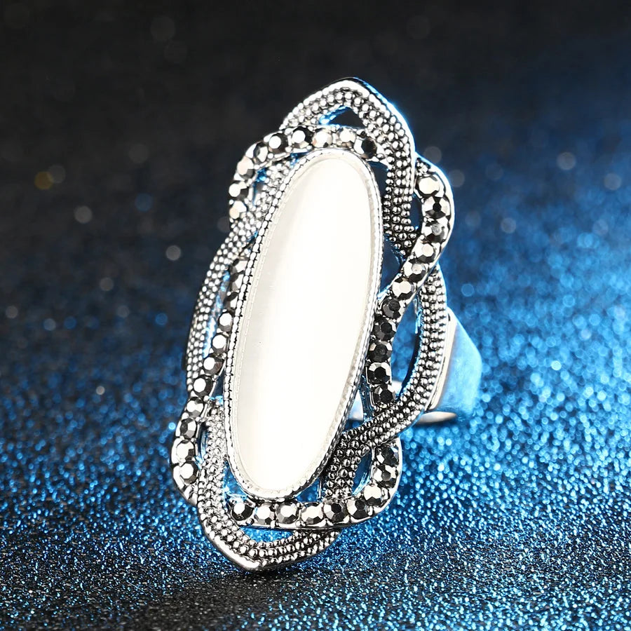 Bohemian Big Opal Stone Ring Black Crystal Rings For Women Vintage