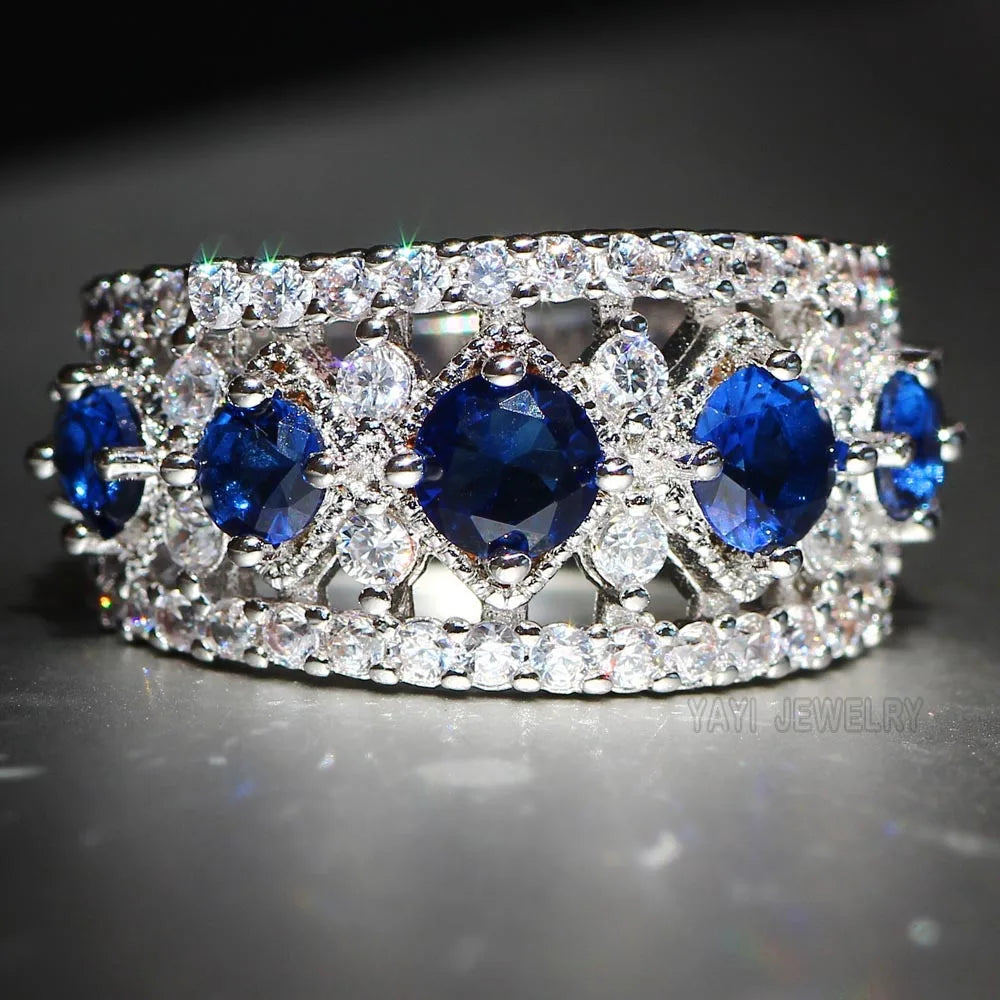 Princess Cut Blue Sapphire Zircon Silver Color Engagement Ring