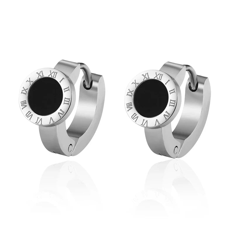 Elegant Roman Numeral Hoop Earrings – White Shell & Black Enamel