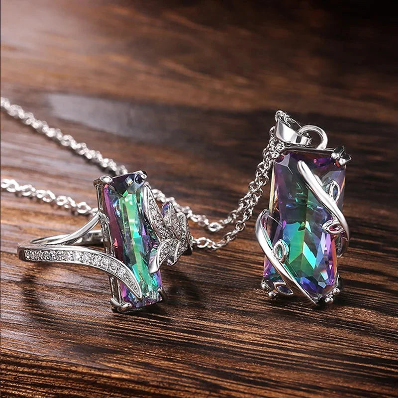 Rectangular Stone Ring/Necklace Set Novel Design