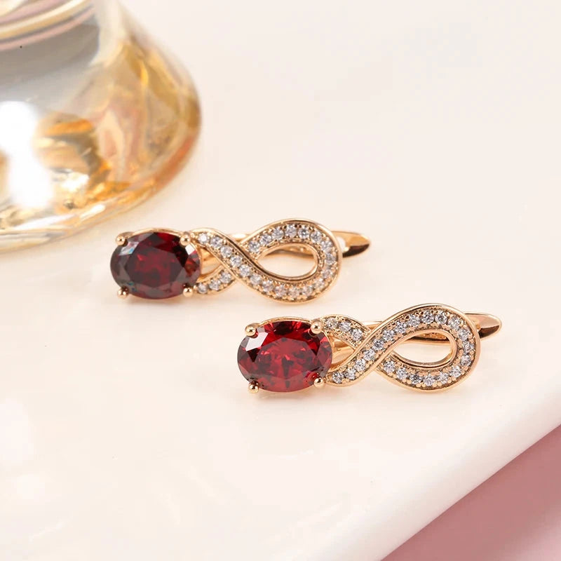 SYOUJYO Flower Shape Elegant Earrings For Women Red Natural Zircon 585 Rose Gold Color Vintage Jewelry