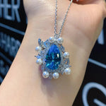 Luxury Pearl Aquamarine Necklace Pendant Ring Earrings Charms Women's Fine Jewelry