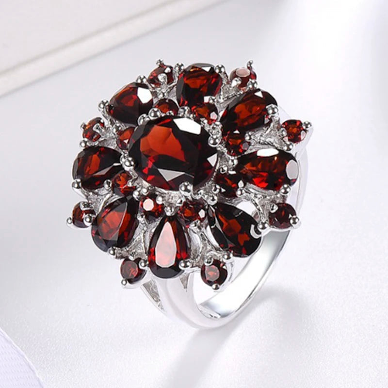 Elegant Silver Color Inlaid Garnet Red Zircon Flower Shape Ladies Banquet RingAJZ12897