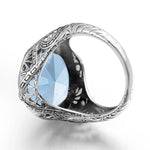 Aquamarine Ring Handmade Vintage Engraving Pattern Men's Ring