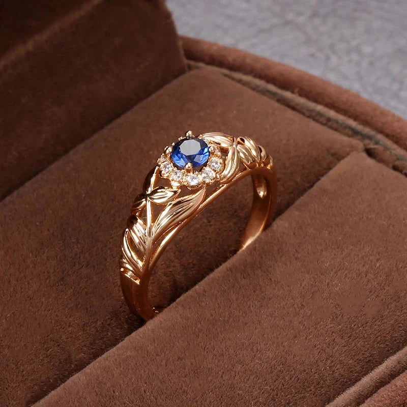 Blue Natural Zircon 585 Rose Gold Hollow Crystal Flower Ethnic Ring for Women