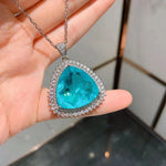 New Romantic Big Blue Stone Paraiba Aquamarine Diamond Pendant Necklace for Women Fine Jewelry