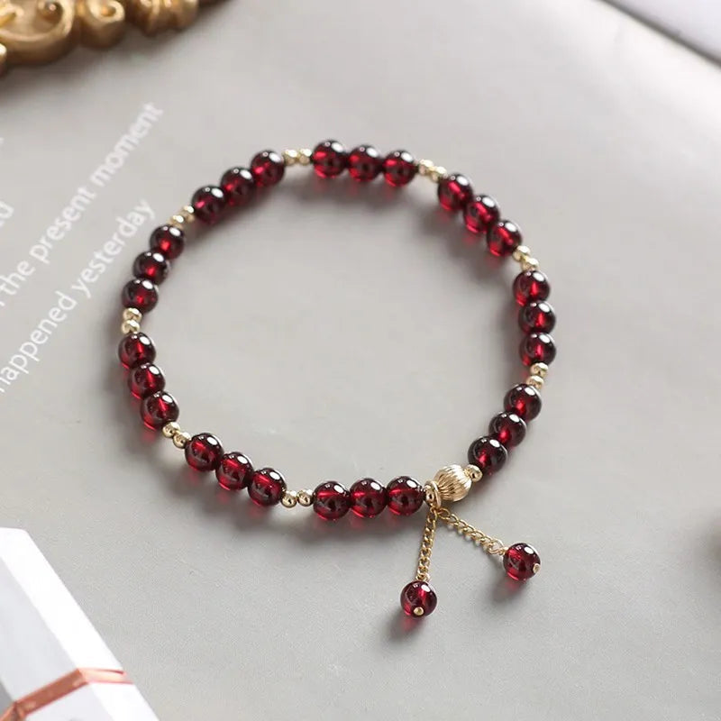 14k Gold Filled Natural Garnet Crystal Stone Beaded Strand Thin Bracelets for Women