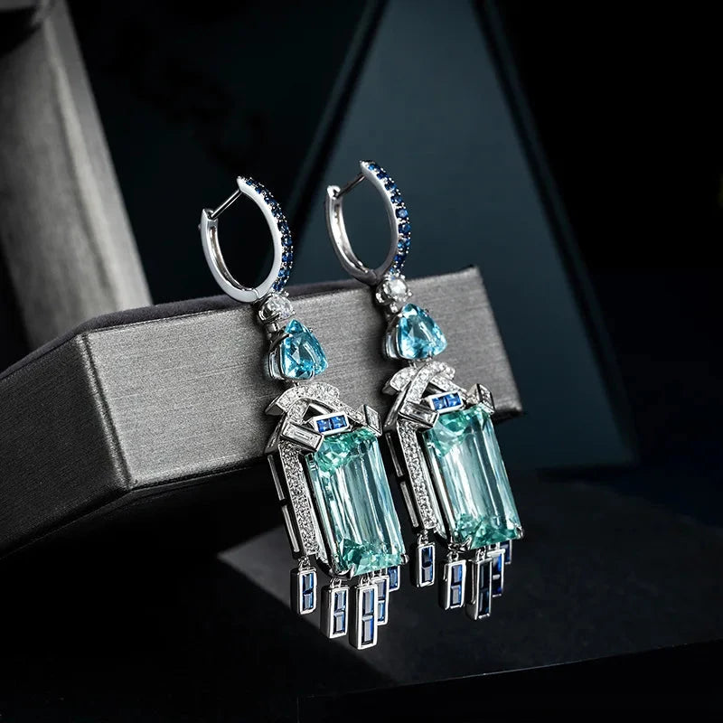 Long Style Design Silver Color Simulation Aquamarine Gemstone Earrings WomenSilver Color