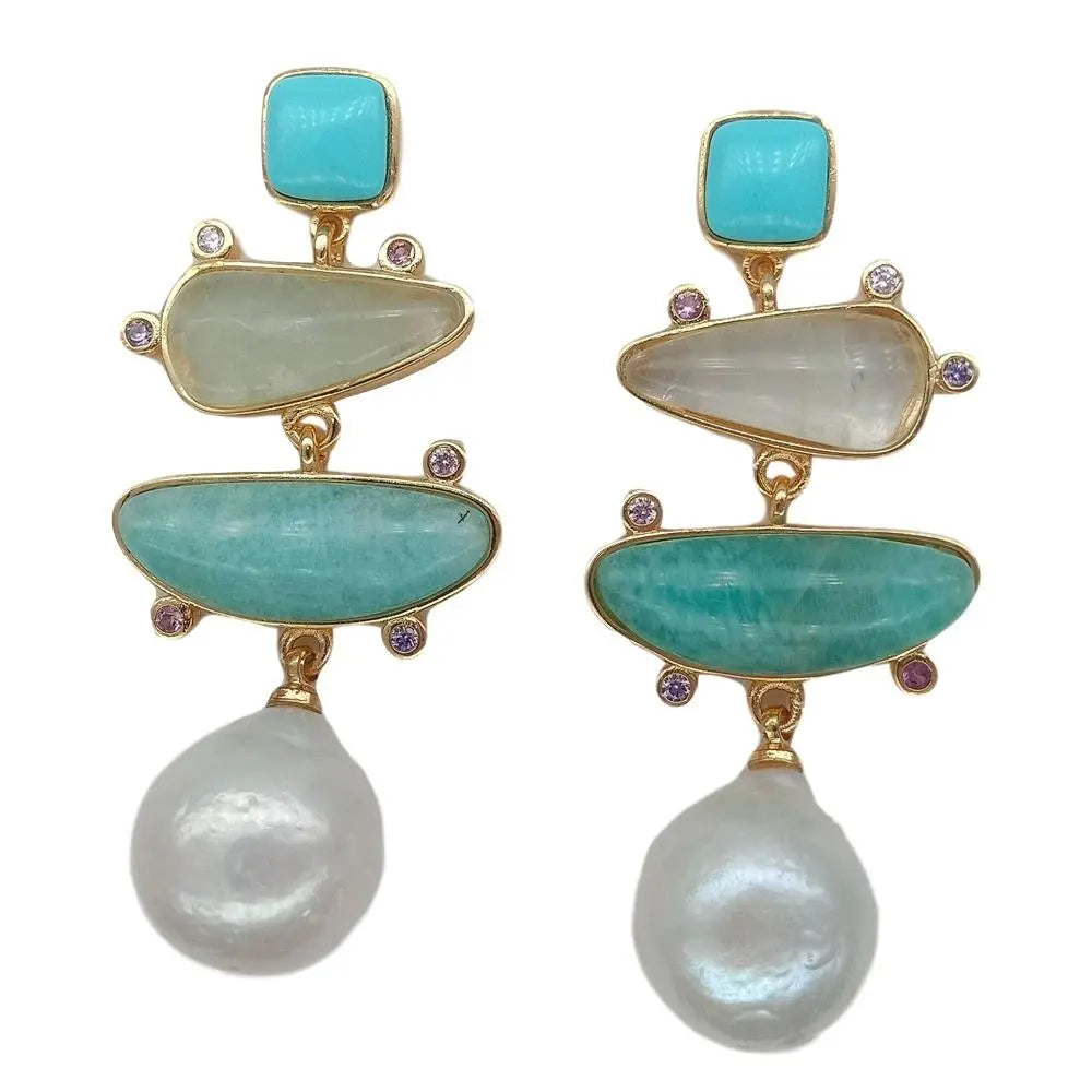 Natural geometric Turquoise Amazonite Freshwater White Pearl Stud Earrings