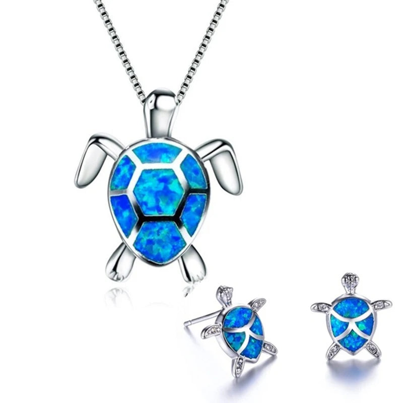 Cute Sea Turtle Necklace Earrings Jewelry SetsBlue