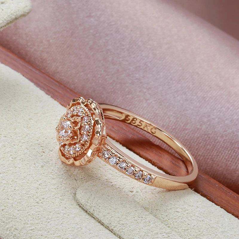 Crystal Rose Flower 585 Rose Gold Natural Zircon Ring for Women