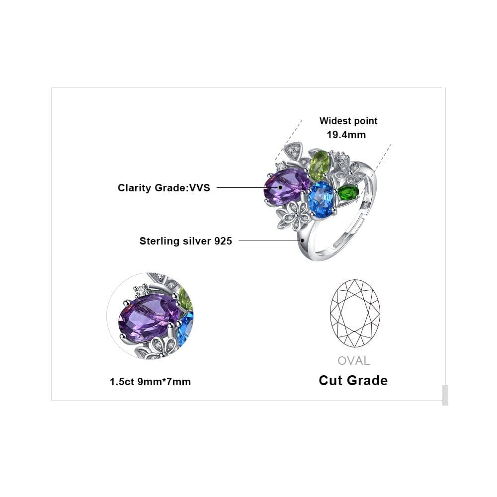 JewelryPalace Flower Natural Amethyst Blue Topaz Peridot Chrome Diopside Open Adjustable Cocktail Ring 925 Sterling Silver Women0