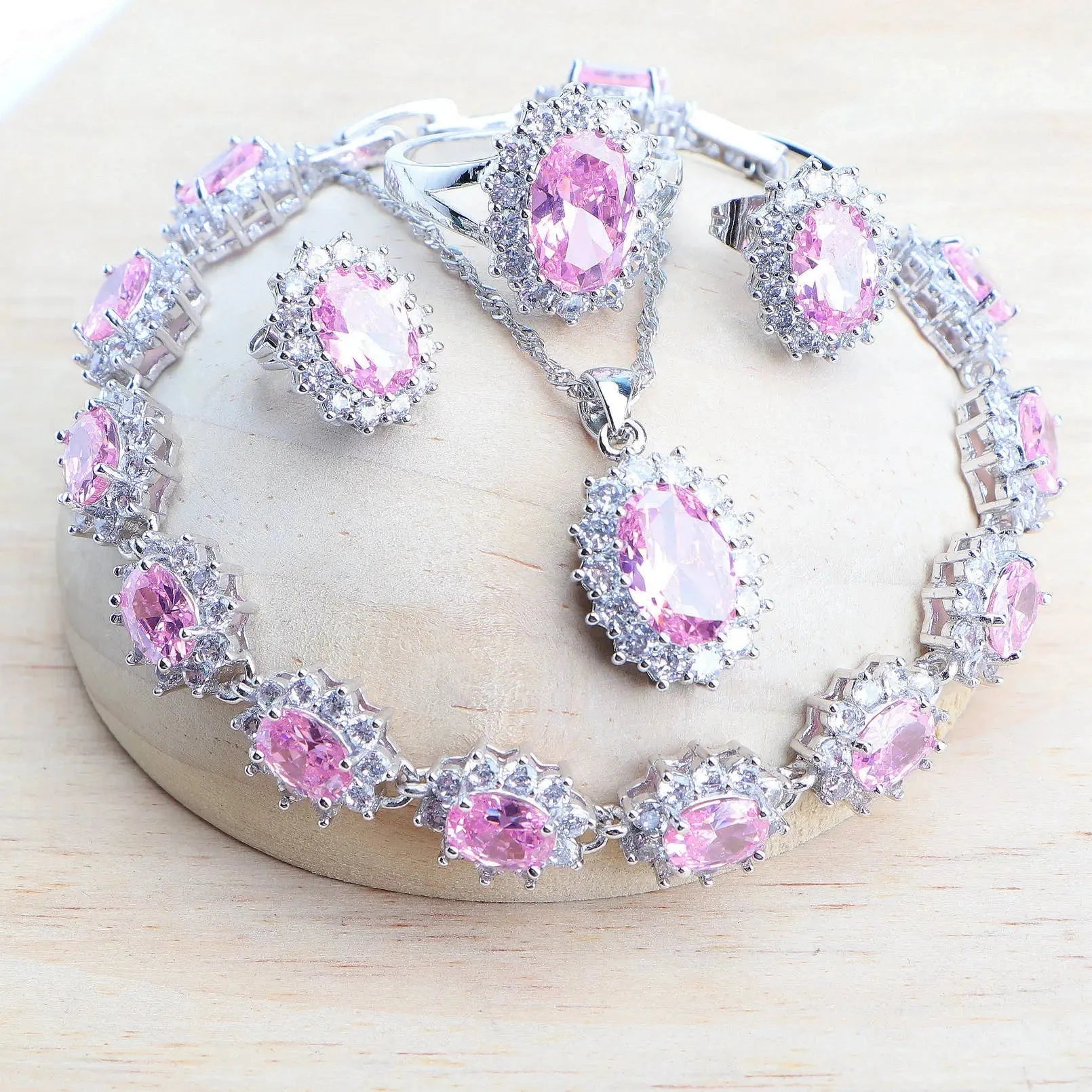 Silver 925 Women Jewelry Sets Blue Zirconia4PCS-Pink6